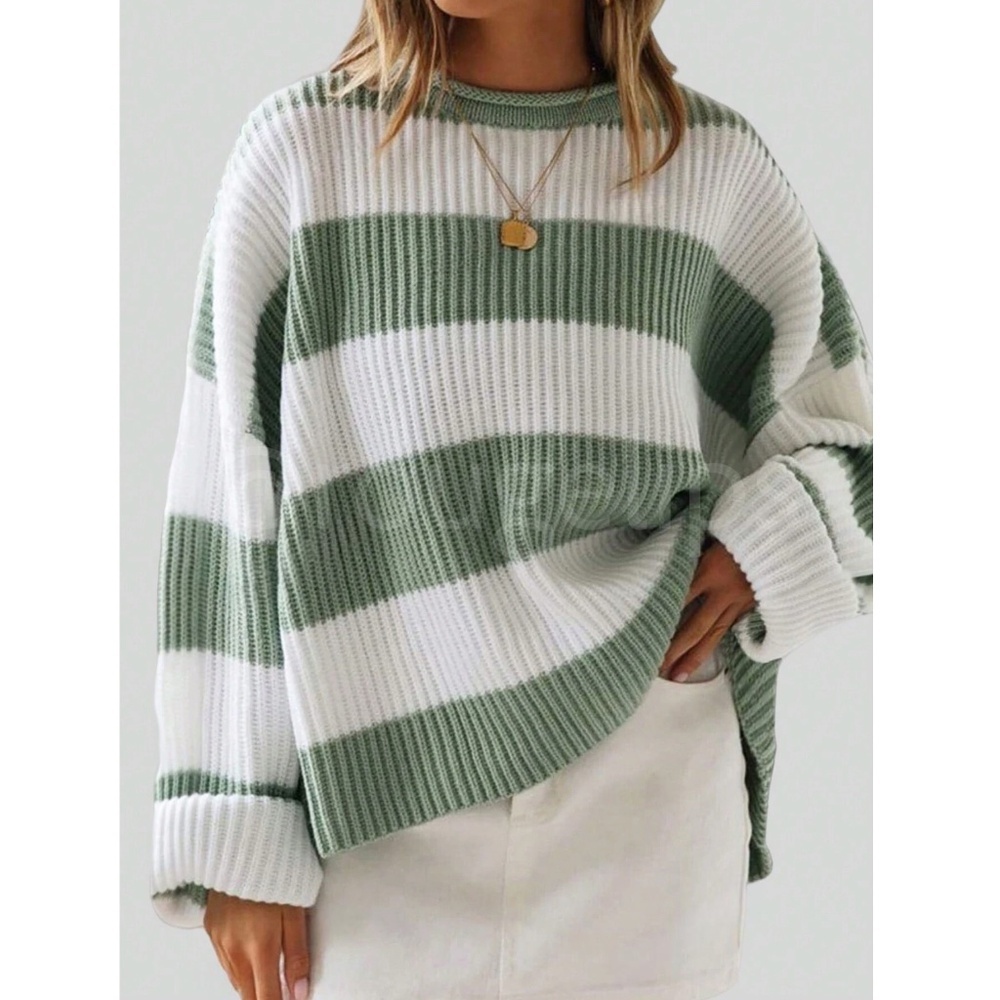 Colorblock Striped Green White Oversized Pullover Sweater